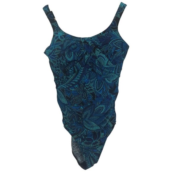 Lands End Underwire Slimming Paisley One Piece Swimsuit Size 8 Blue Ruching - Picture 1 of 11